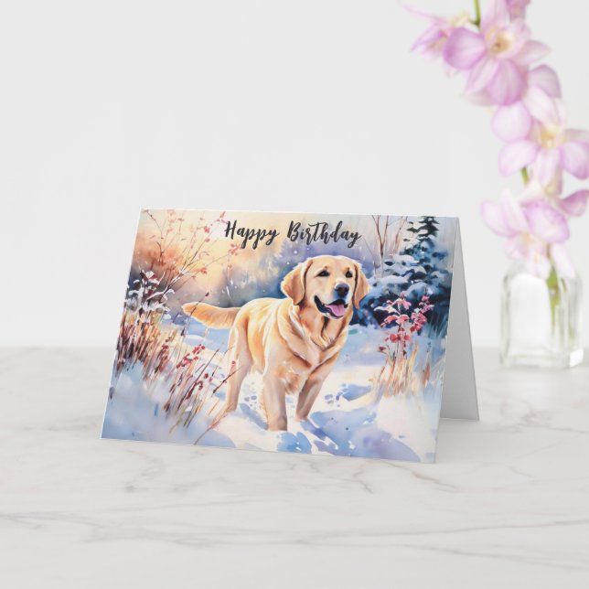 Watercolor Labrador Dog In Snow Happy Birthday Card (Orchid)