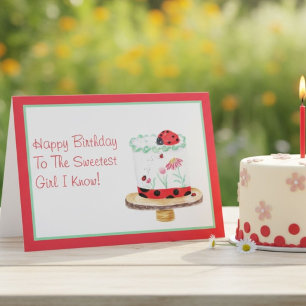 Watercolor Lady Bug Cake  Happy Birthday Card