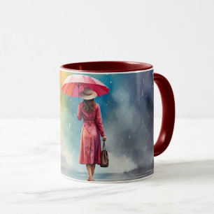 Watercolor Lady Rain with Umbrella Grey Dress Mug