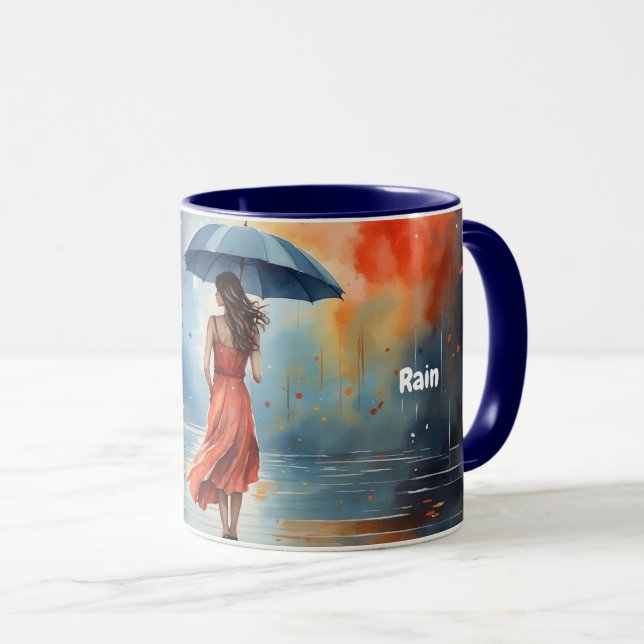 Watercolor Lady Rain with Umbrella, Red Dress Mug (Front Right)