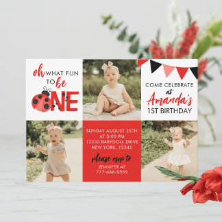 Watercolor Ladybug 3 Photo Birthday Invitation