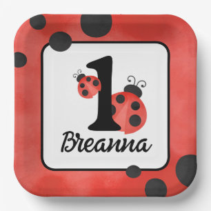 Watercolor Ladybug Birthday Square Party Paper Plate