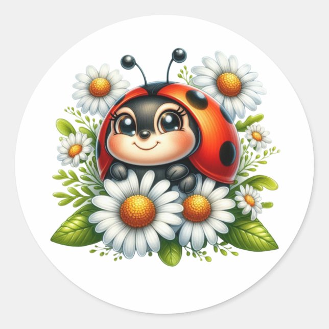 Watercolor Ladybug  Classic Round Sticker (Front)