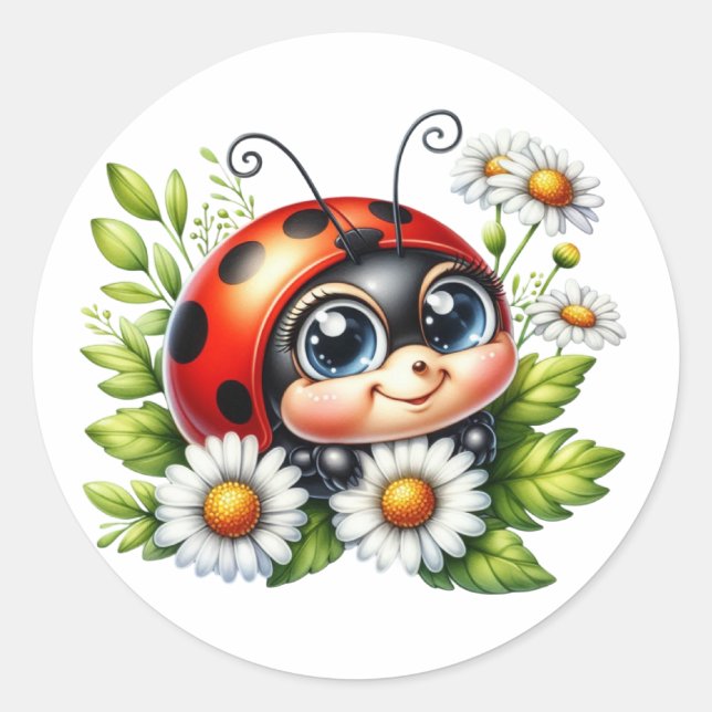 Watercolor Ladybug  Classic Round Sticker (Front)