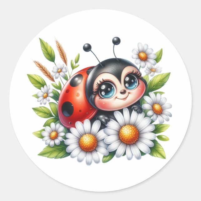 Watercolor Ladybug  Classic Round Sticker (Front)