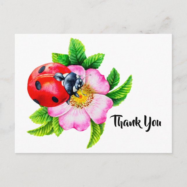 Watercolor Ladybug Floral Thank You  Postcard (Front)