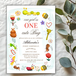 Watercolor Ladybug One Cute Bug 1st Birthday Party Invitation
