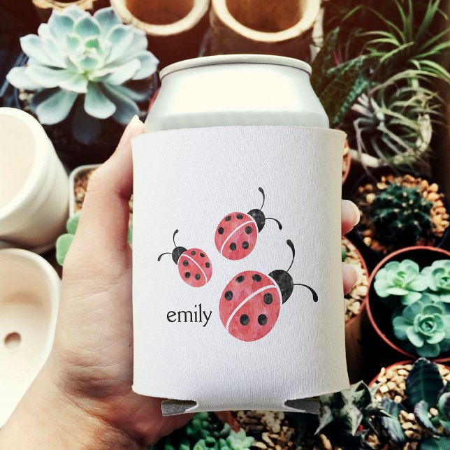 Watercolor Ladybug Personalized Can Cooler (Creator Uploaded)