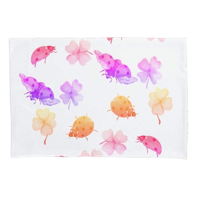 Watercolor ladybugs and four-leaf clovers pillowcase (Front)