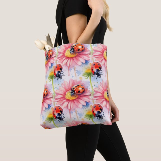 Watercolor Ladybugs on Flowers Tote Bag (Close Up)