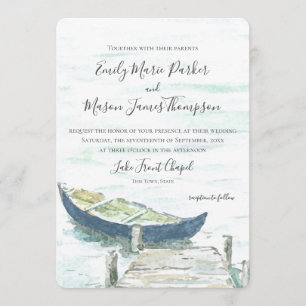 Watercolor Lake Blue Canoe Wedding Invitation