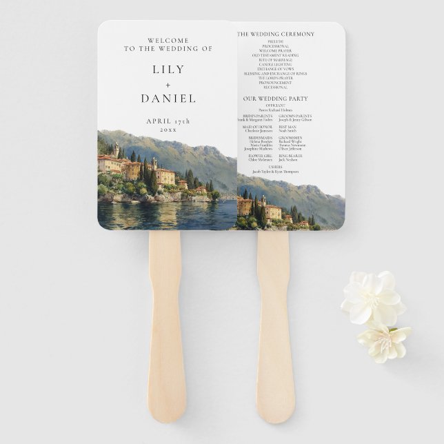 Watercolor Lake Como Italian Wedding Program Hand Fan (Front and Back)