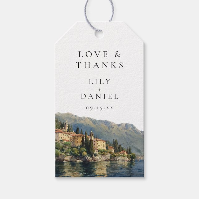 Watercolor Lake Como Italian Wedding Thank You Gift Tags (Front)