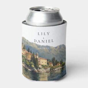 Watercolor Lake Como Italy Destination Wedding Can Cooler