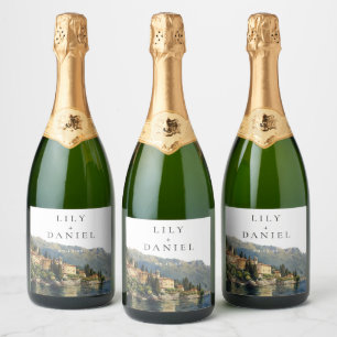 Watercolor Lake Como Italy Destination Wedding Sparkling Wine Label