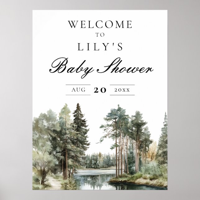 Watercolor Lake Forest Baby Shower Welcome Sign (Front)