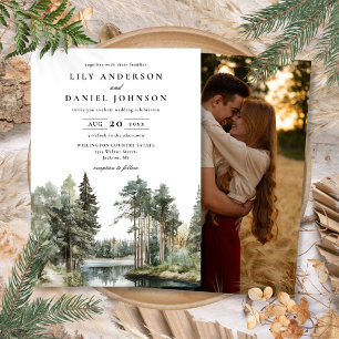 Watercolor Lake Forest Woodland Photo Wedding Invitation
