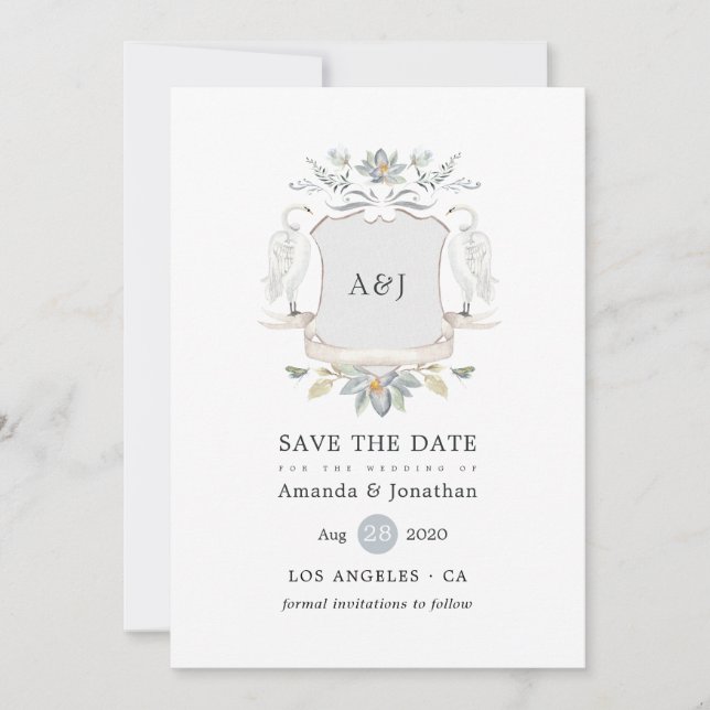 Watercolor Lakeside Wedding Monogram Crest Save The Date (Front)