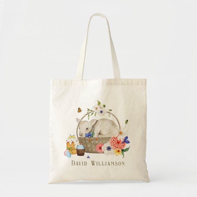 Watercolor Lamb Spring Flowers Basket Easter  Tote Bag (Front)
