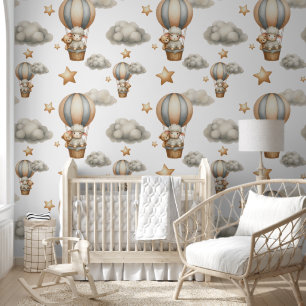 Watercolor Lamb & Teddy In Hot Air Balloon Wallpaper