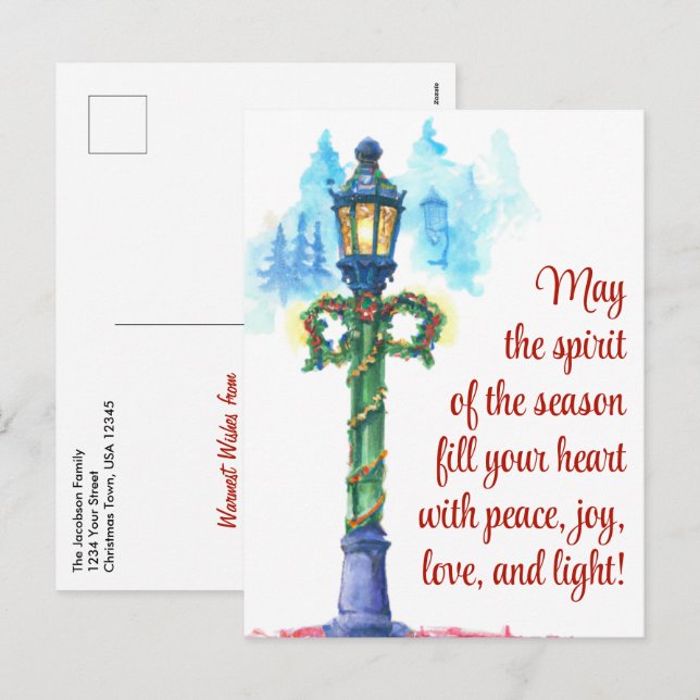 Watercolor Lamp Post Festive Christmas Holiday Postcard (Front/Back)