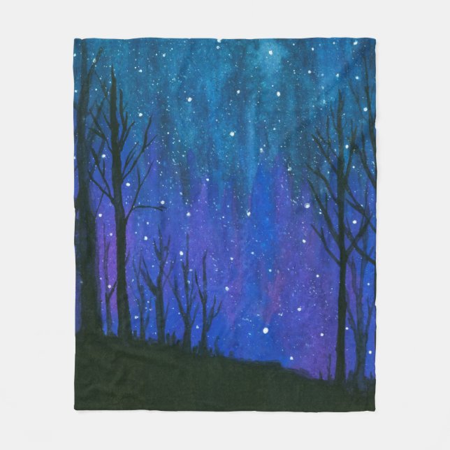 Watercolor Landscape Art Night Sky Stars Universe Fleece Blanket (Front)