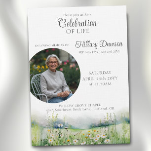 Watercolor Landscape Daisies Photo Funeral Invitation
