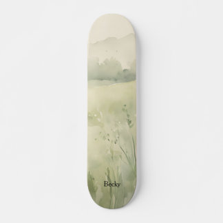 Watercolor Landscape Green Beige Wildflowers Skateboard