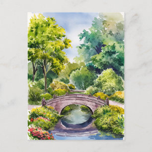 Watercolor landscape green garden bridge lake  postcard