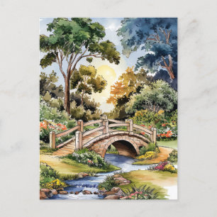 Watercolor landscape green garden bridge lake  postcard