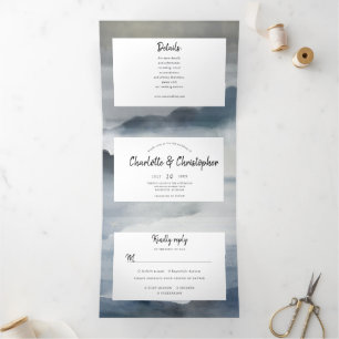 Watercolor landscape indigo all in one wedding Tri-Fold invitation