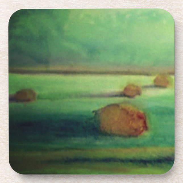 Watercolor landscape painting green meadow coaster (Front)