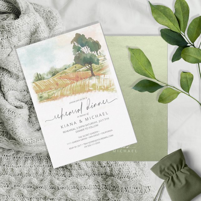 Watercolor Landscape Rehearsal Dinner Green ID786 Invitation (Front/Back In Situ)