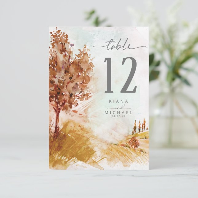 Watercolor Landscape Table Number Autumn ID786 (Standing Front)