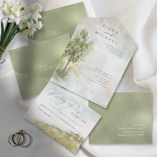 Watercolor Landscape Wedding All Sage Green ID786 In One Invitation