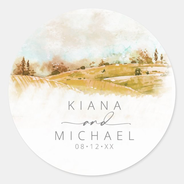 Watercolor Landscape Wedding Autumn Gold ID786 Classic Round Sticker (Front)