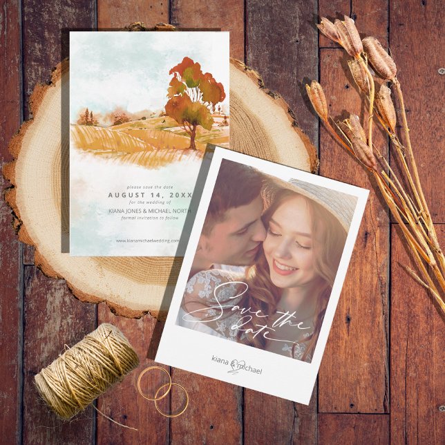 Watercolor Landscape Wedding Autumn Gold ID786 Save The Date (Creator Uploaded)