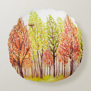 Watercolor landscape with autumn trees round pillow