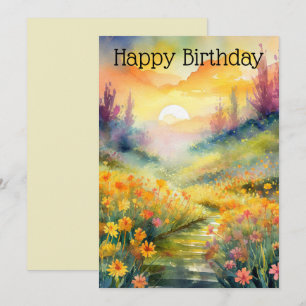Watercolor Landscape with Buttercups and Sunset Holiday Card