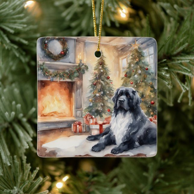 Watercolor Landseer Newf - Xmas Scene Ceramic Ornament (Tree)