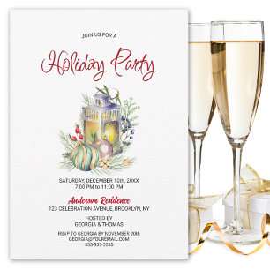 Watercolor Lantern and Baubles Holiday Party Invitation