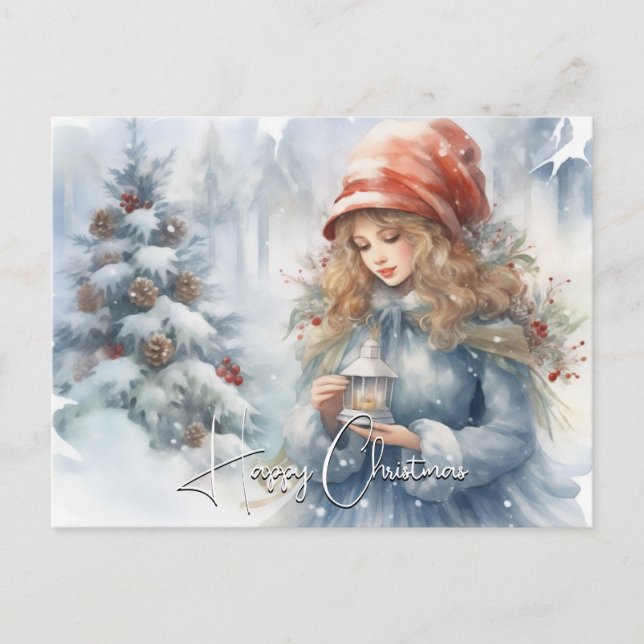 Watercolor Lantern Christmas Fairy  Holiday Postcard (Front)