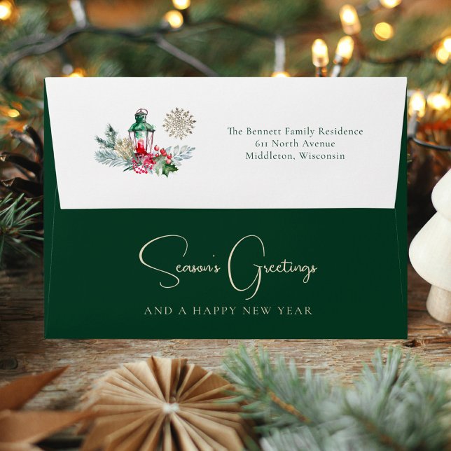 Watercolor Lantern Foliage Modern Script Christmas Envelope (Creator Uploaded)