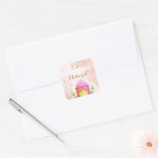Watercolor Lantern Gold Pink Eid Mubarak Eid  Square Sticker (Envelope)