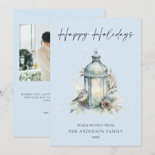 Watercolor Lantern Winter Bird Family Photo Holiday Card