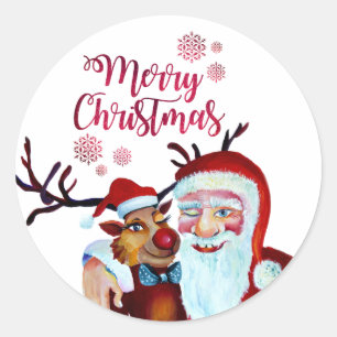 Watercolor Laughing Santa Claus Rudolf Smiling Cof Classic Round Sticker