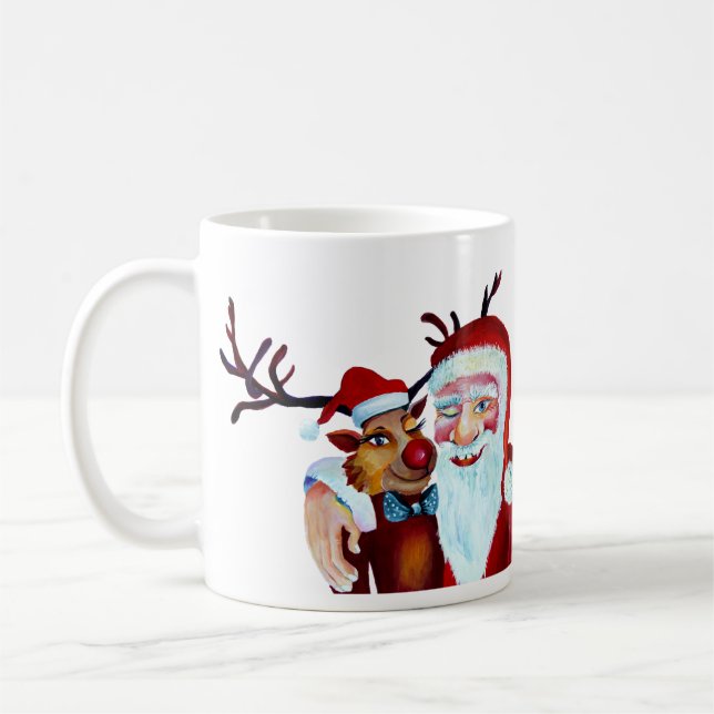 Watercolor Laughing Santa Claus Rudolf Smiling Coffee Mug (Left)