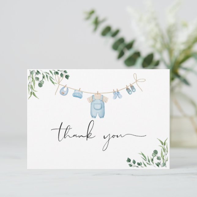 Watercolor  Laundry Blue Baby Shower  Thank You Card (Standing Front)
