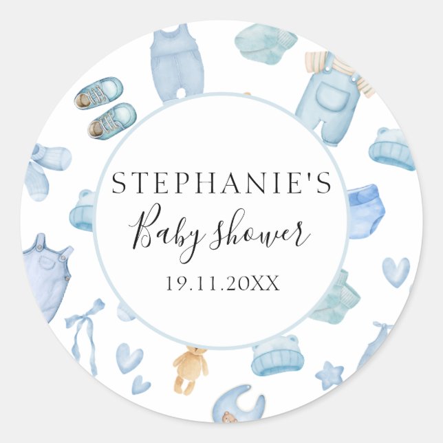 Watercolor Laundry Blue Greenery Baby Shower Classic Round Sticker (Front)