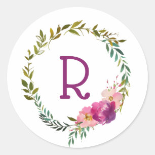 Watercolor Laurel and Flower Monogram Wreath Classic Round Sticker